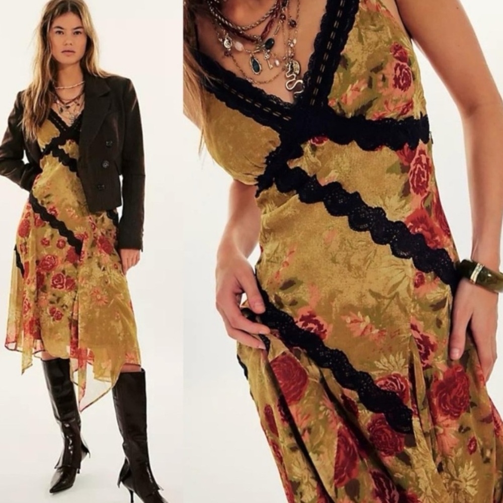 NWT Free People Amphora Chiffon Midi Dress Size 4 Golden Combo